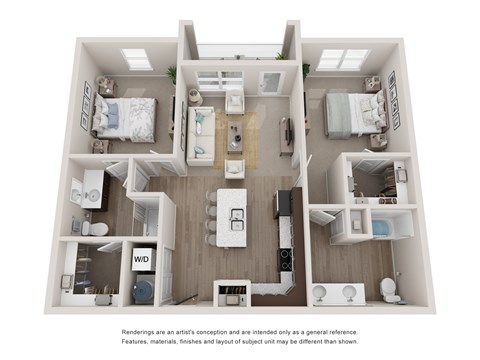 A 3D floor plan of an apartment with two bedrooms and a living area.